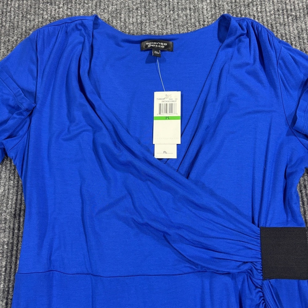 Spense Petite Faux Wrap Dress Women PL Blue 3/4 Sleeve Ruched V-Neck Knee Length